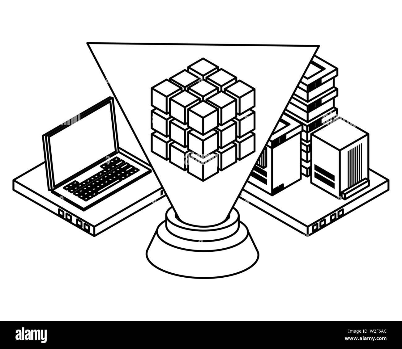 computing service technology 3d symbol in black and white Stock Vector ...