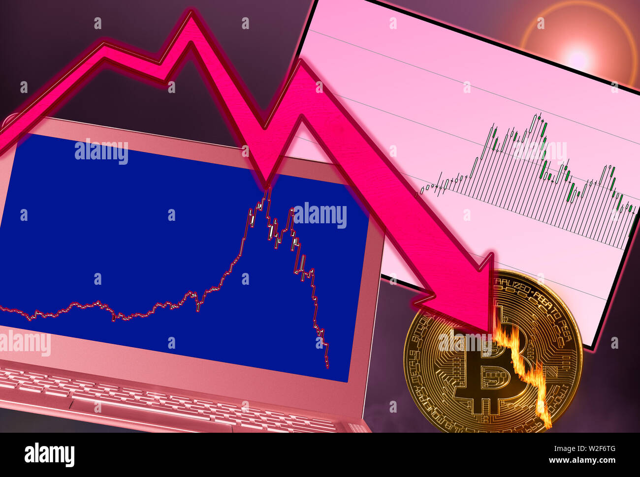 Bitcoin coin in flames as market crash with laptop graph Stock Photo
