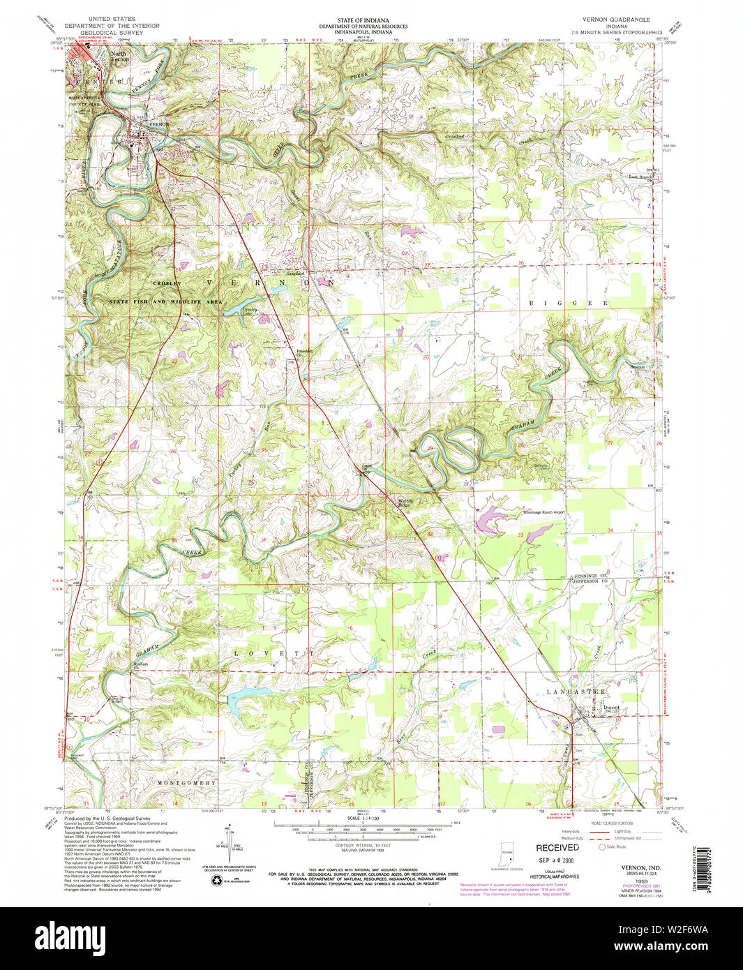 USGS TOPO Map Indiana IN Vernon 156176 1959 24000 Restoration Stock Photo