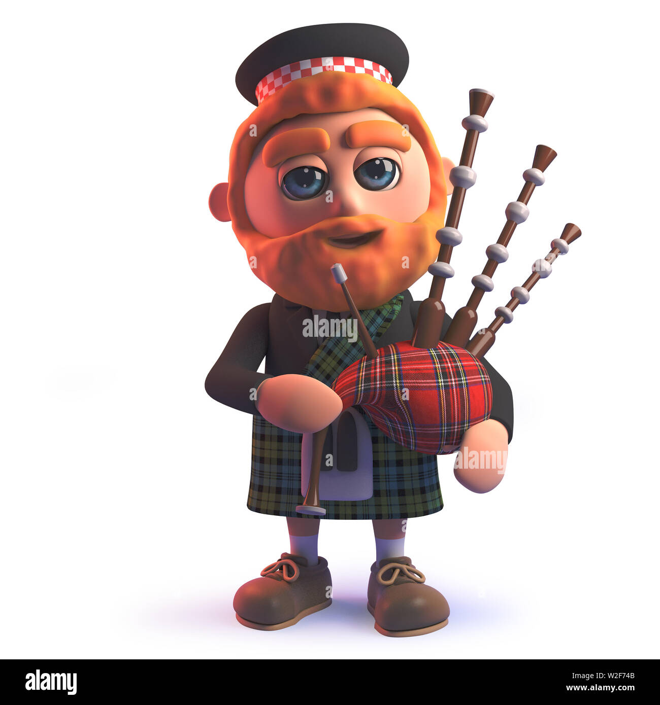 Rendered image of a cartoon 3d Scots man in kilt playing the Scottish bagpipes Stock Photo