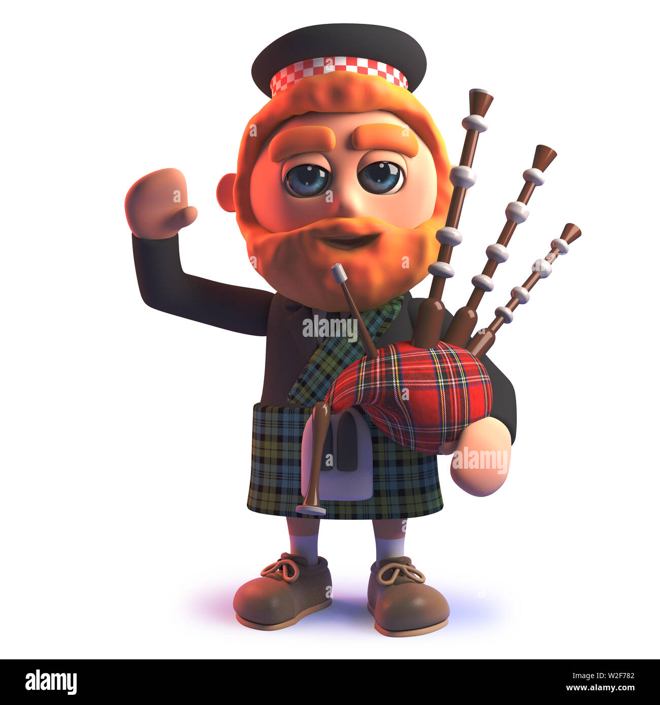 3d rendered image of a 3d cartoon Scots wearing a kilt and playing the bagpipes while waving Stock Photo