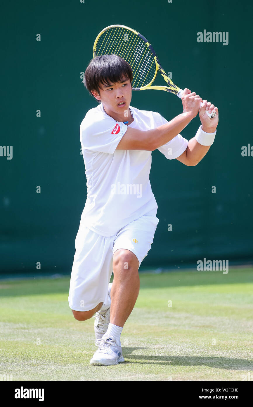 Wimbledon, London, UK. 8th July, 2019. Keisuke Saitoh of Japan during the boy's singles first round match of the Wimbledon Lawn Tennis Championships against Baptiste Anselmo of France at the All England Lawn Tennis and Croquet Club in London, England on July 8, 2019. Credit: AFLO/Alamy Live News Stock Photo