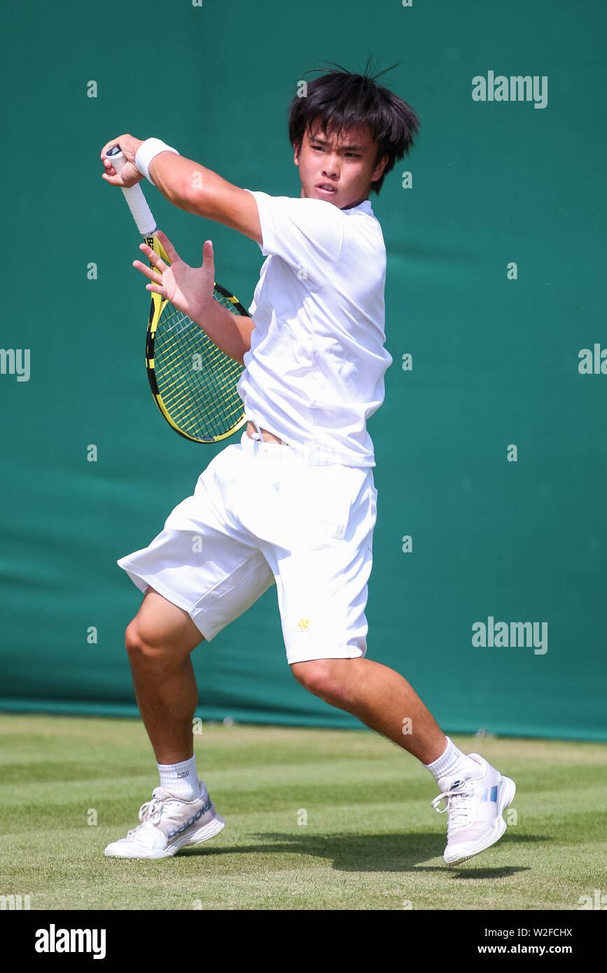 Wimbledon, London, UK. 8th July, 2019. Keisuke Saitoh of Japan during the boy's singles first round match of the Wimbledon Lawn Tennis Championships against Baptiste Anselmo of France at the All England Lawn Tennis and Croquet Club in London, England on July 8, 2019. Credit: AFLO/Alamy Live News Stock Photo