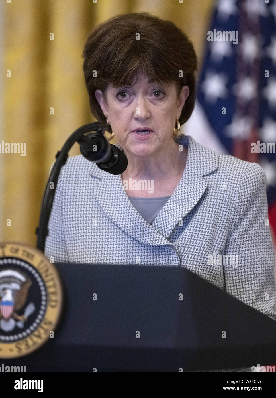 Washington, District of Columbia, USA. 8th July, 2019. Chair of the Council on Environmental Quality Mary Neumayr, makes remarks on "America's Environmental Leadership"" at an event hosted by United States President Donald J. Trump in the East Room of the White House in Washington, DC on Monday, July 8, 2019 Credit: Ron Sachs/CNP/ZUMA Wire/Alamy Live News Stock Photo