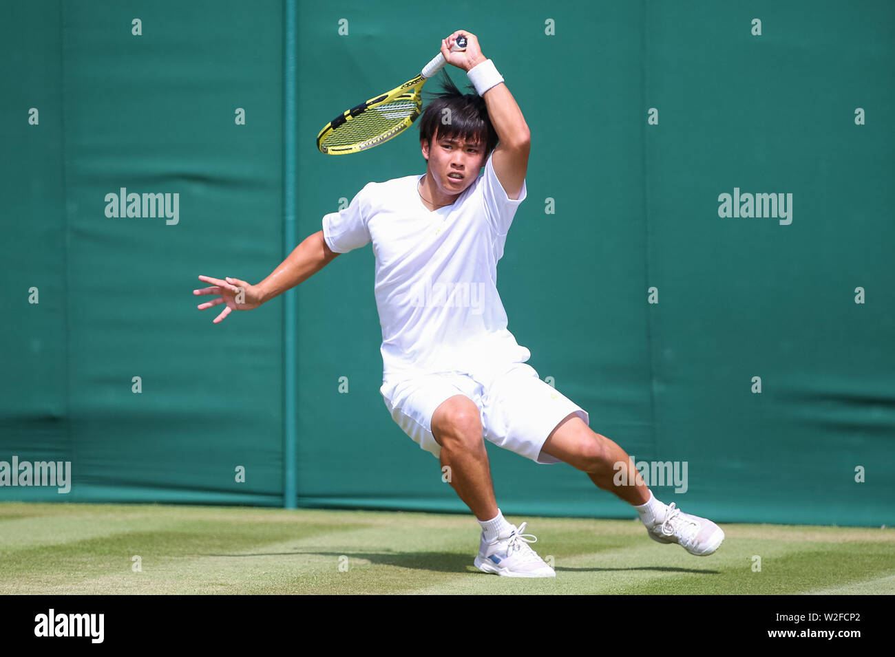 Wimbledon, London, UK. 8th July, 2019. Keisuke Saitoh of Japan during the boy's singles first round match of the Wimbledon Lawn Tennis Championships against Baptiste Anselmo of France at the All England Lawn Tennis and Croquet Club in London, England on July 8, 2019. Credit: AFLO/Alamy Live News Stock Photo