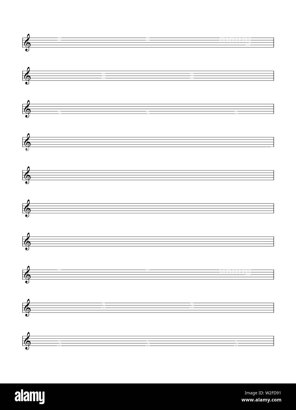 Empty sheet of notes template. Five-line staff with treble clef In Music Notes Paper Template