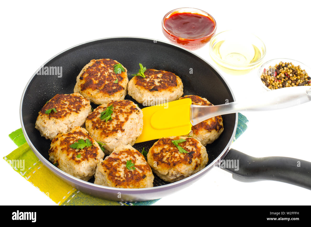 Pan with fried meat patties on white plate Stock Photo Alamy