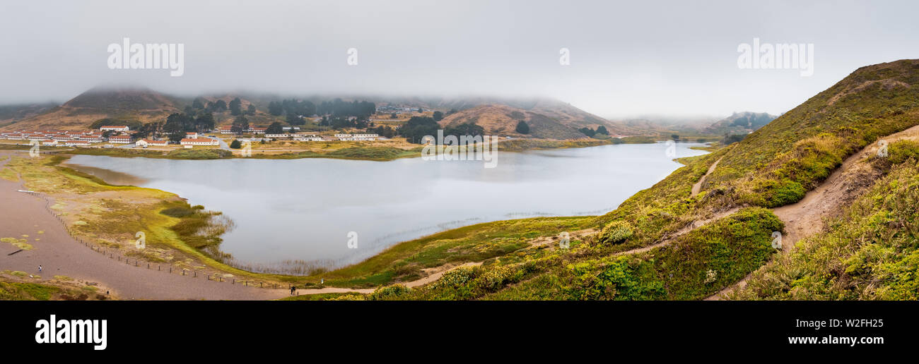 Rodeo Lagoon and Fort Cronkhite on the Pacific Ocean coastline, on a cloudy day, Marin Headlands