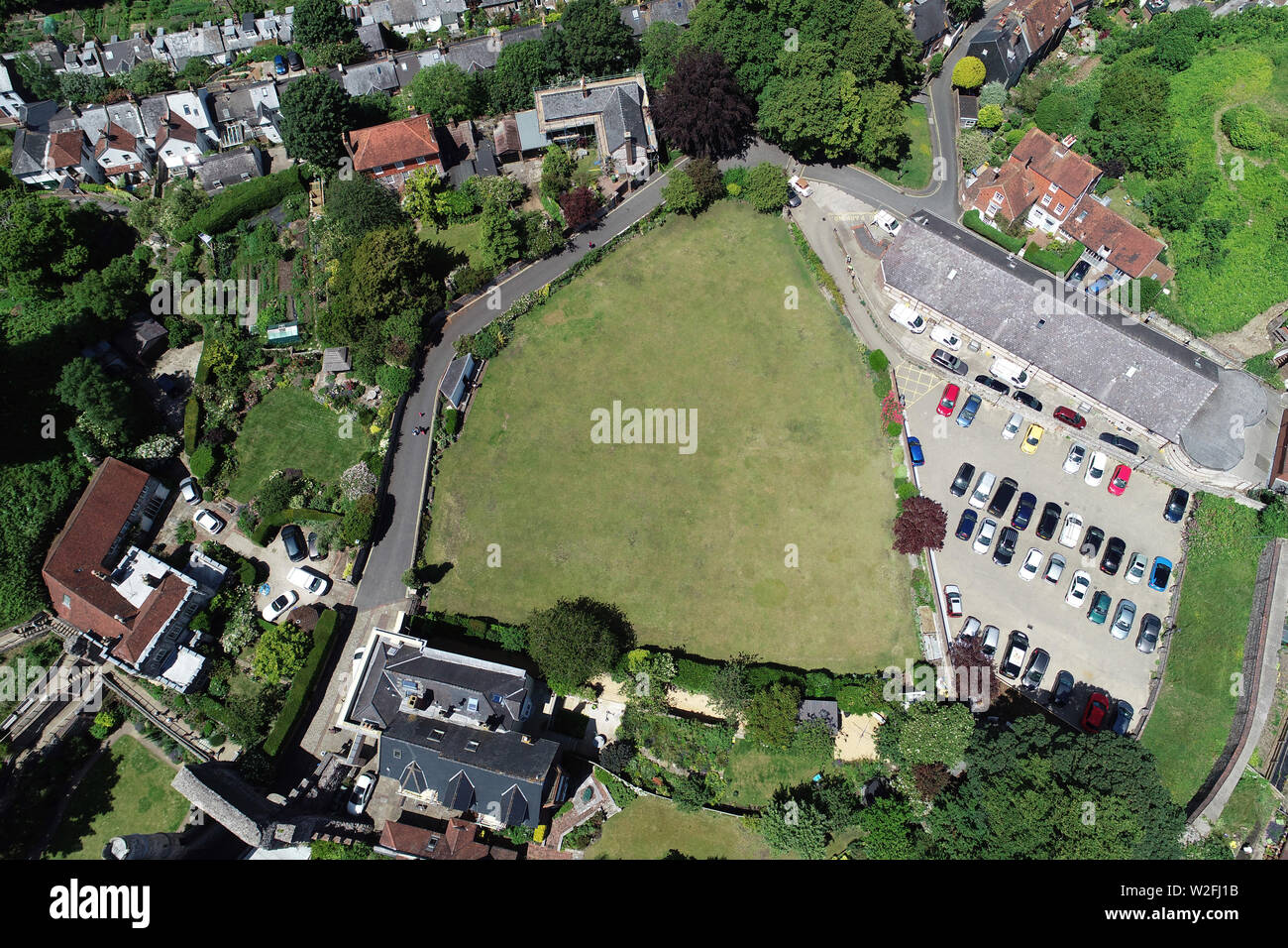 Aerial view of Lewes, showing it's historic Castle Bowling Green. Stock Photo