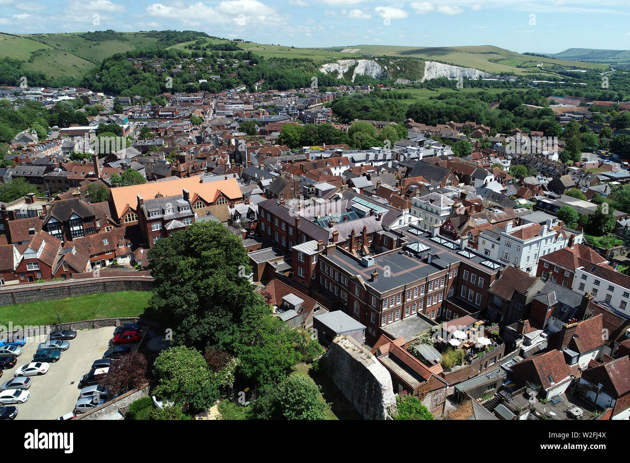 Aerial view of Lewes, East Sussex, showing the high street and Crown