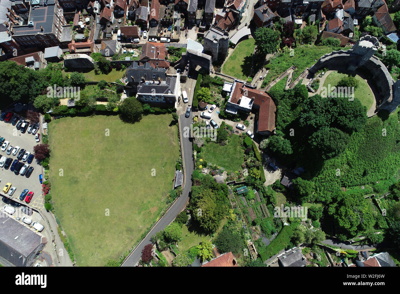 Aerial view of Lewes, showing it's historic Castle Bowling Green. Stock Photo