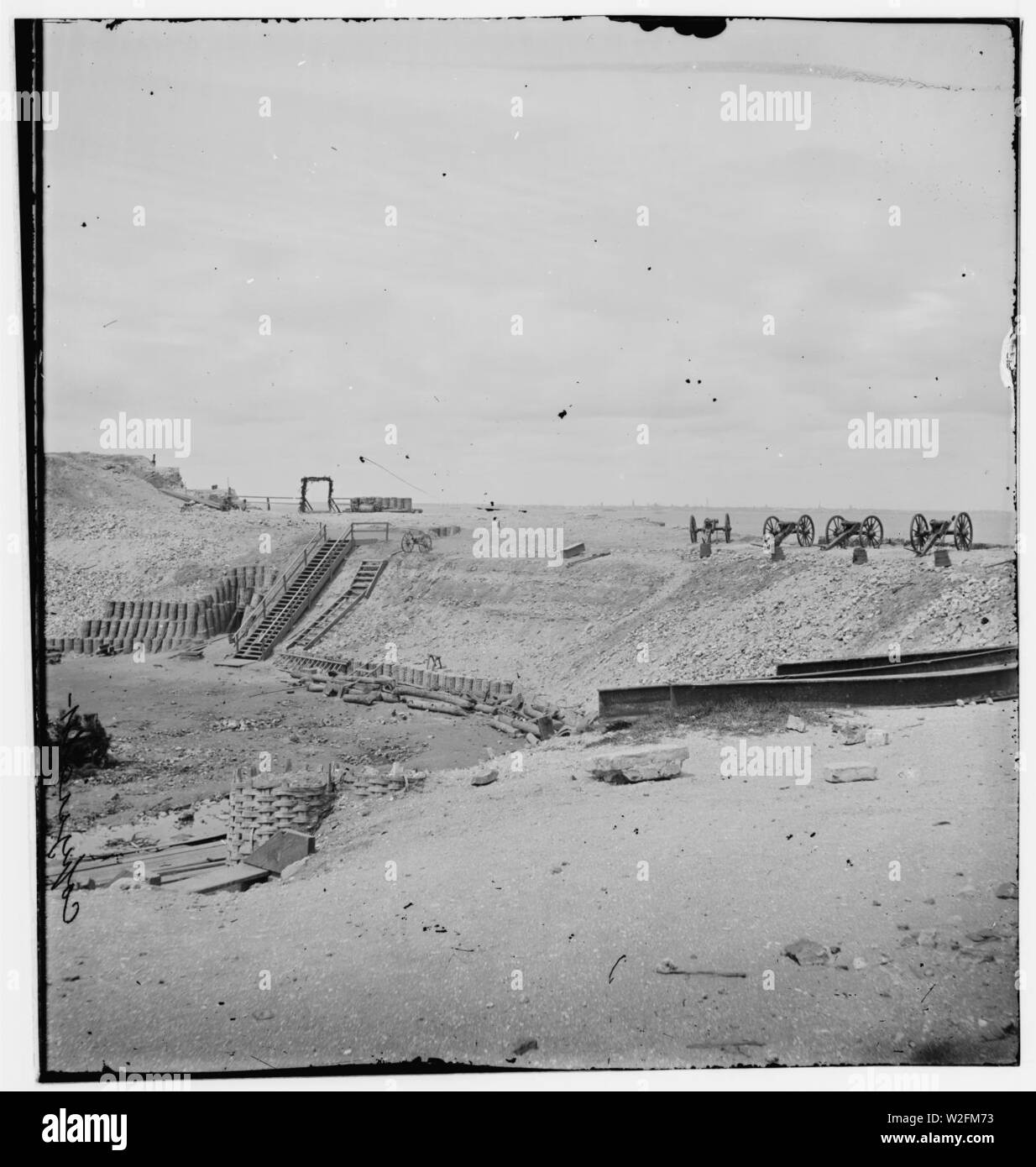 Charleston, South Carolina. Interior view of Fort Sumter on the occasion of the raising of the old flag. (Four field guns on parapet) Stock Photo