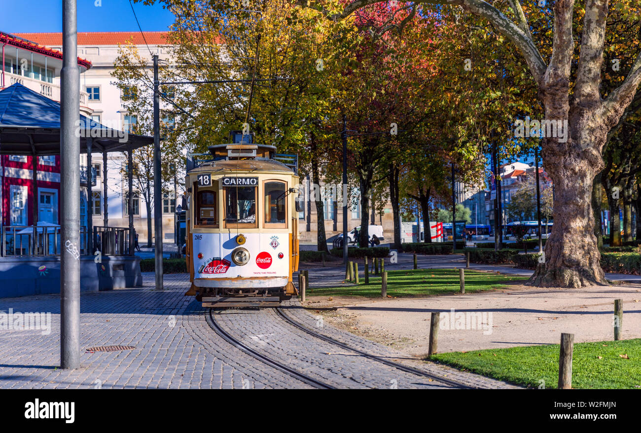 Porto, Portugal - November 15, 2017: Famous vintage tram on street of Old Town, Porto, Portugal Stock Photo
