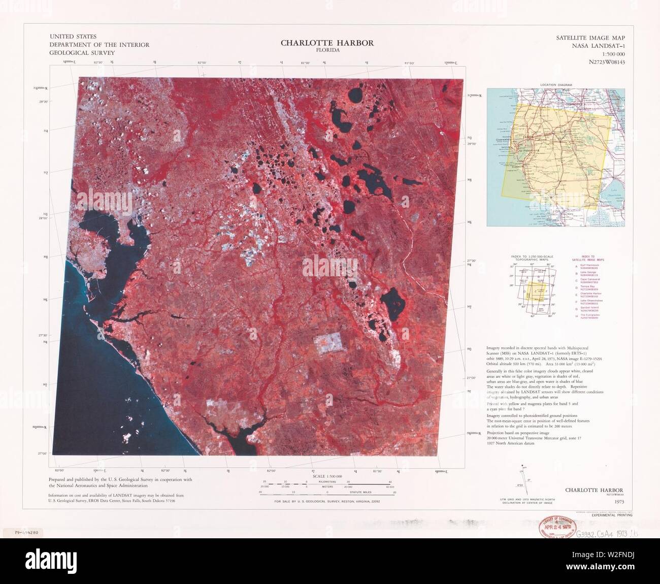 Charlotte Harbor, Florida, satellite image map - NASA LANDSAT-1, 1-500,000, N2723W08143 Stock Photo