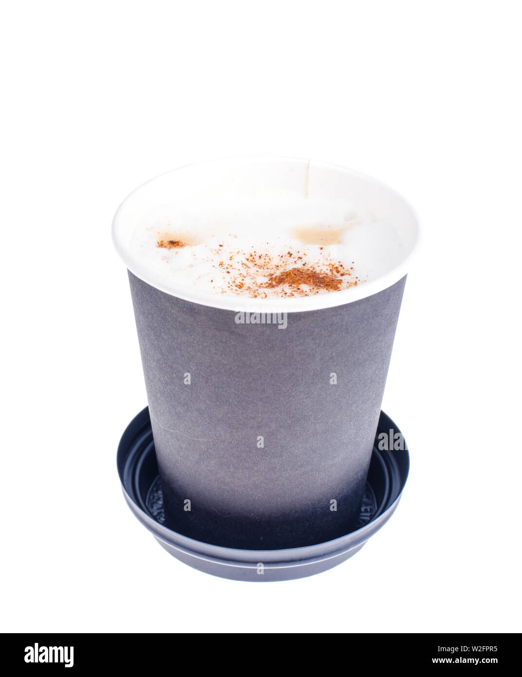 Disposable black paper cup with cappuccino, latte Stock Photo - Alamy