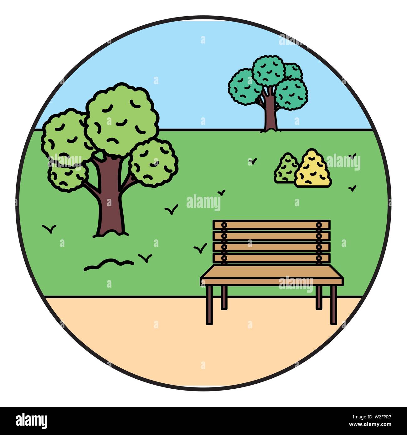park landscape with wooden chair scene vector illustration design Stock Vector