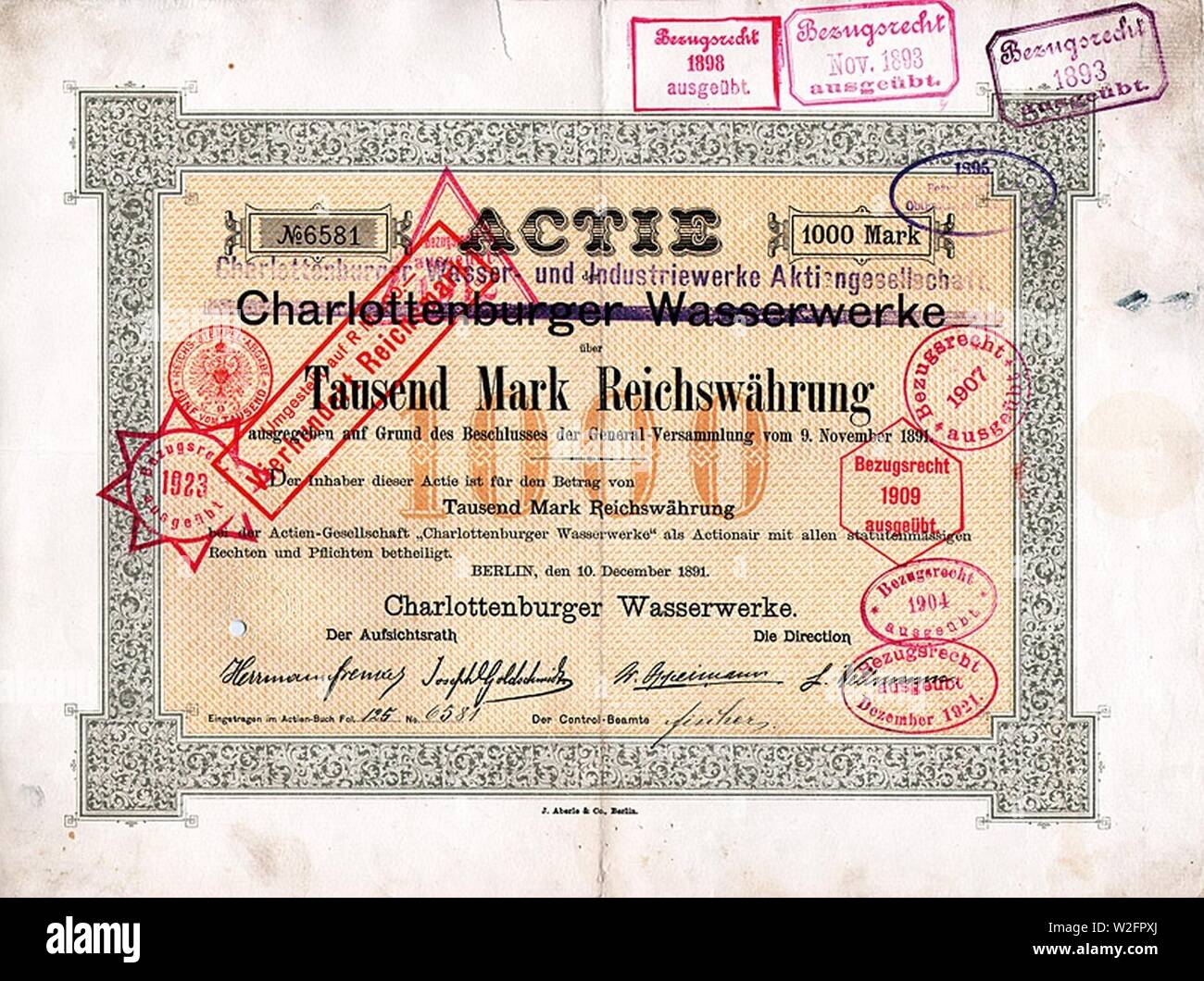 Charlottenburger Wasserwerke 1000 Mk 1891. Stock Photo