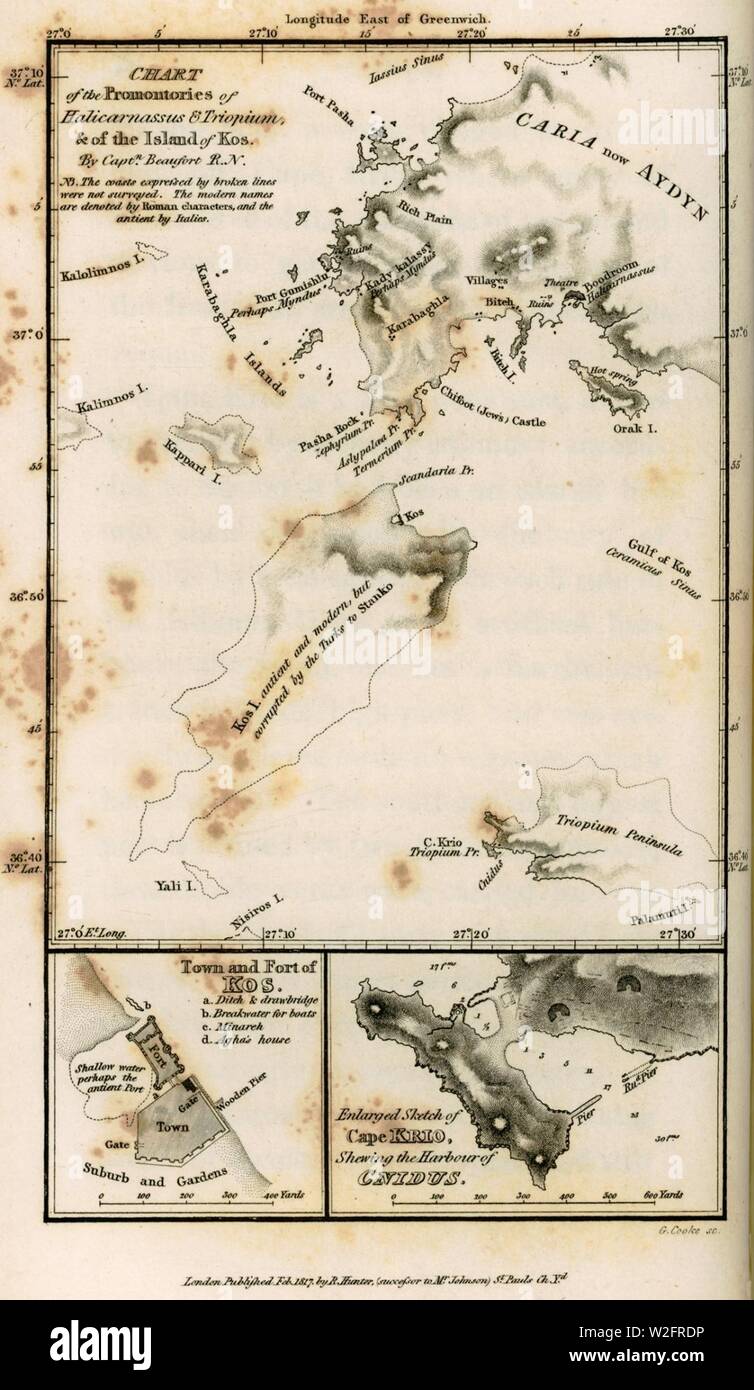 Chart of the promontories of Halicarnassus & Triopium, & of the island of Kos Town and Fort of Kos Enlarged Sketch of Ca - Beaufort Francis F - 1817. Stock Photo