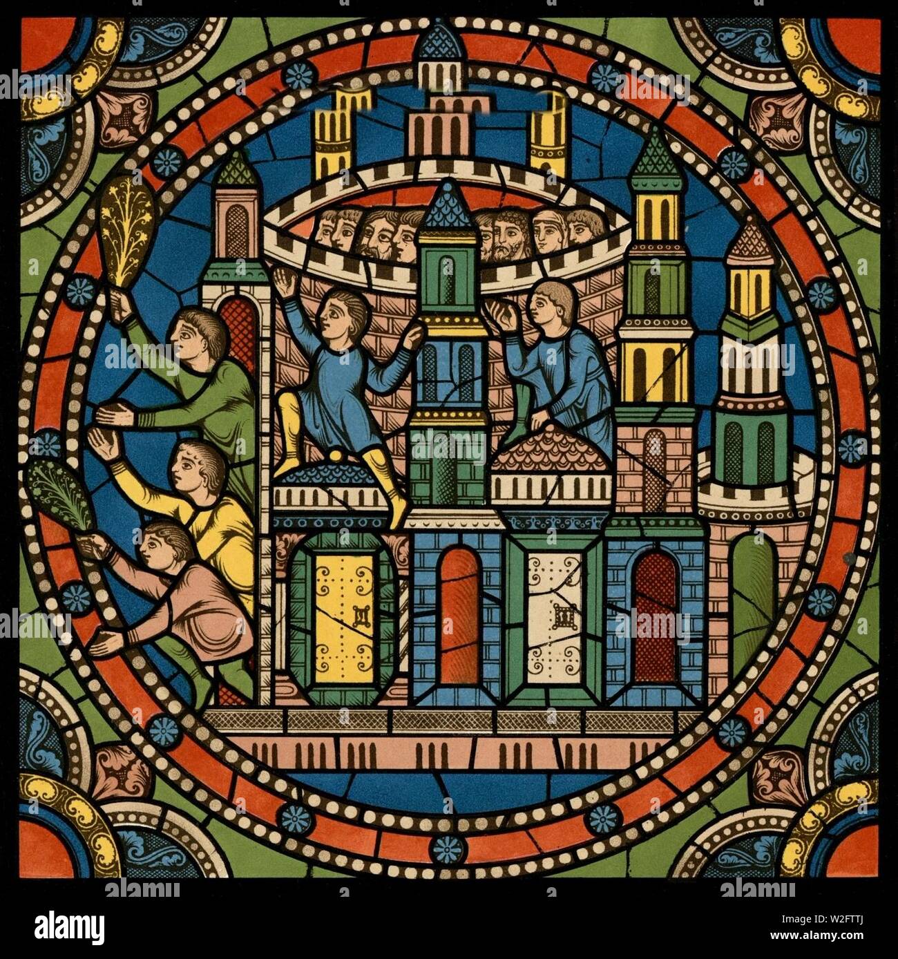 Chartres VITRAIL DE LA VIE DE JÉSUS-CHRIST Motiv 24 Les Rameaux - les habitants de Jérusalem sortant de la ville et venant au--devant du Sauveur. Stock Photo