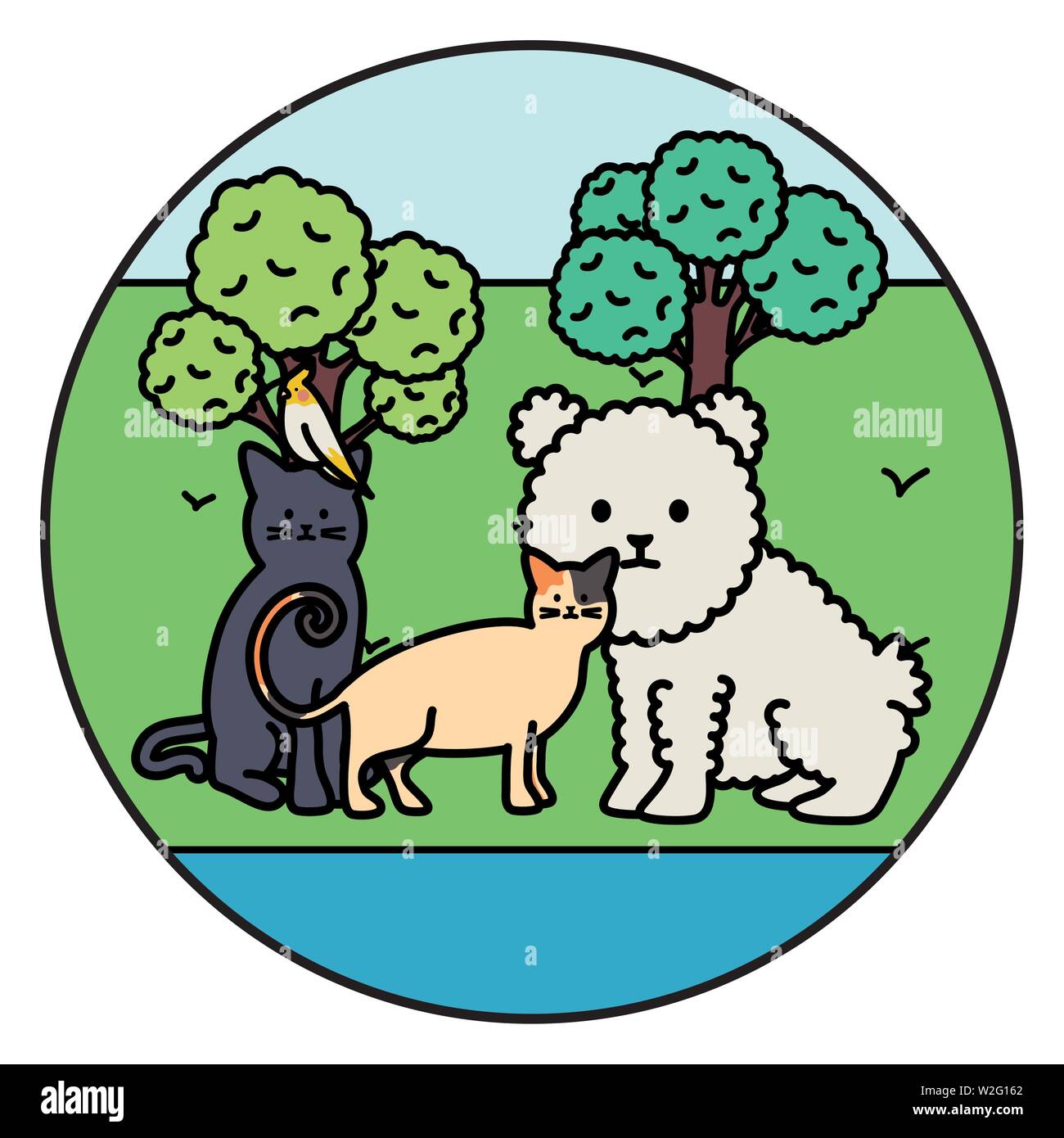 cute group of mascots in the park vector illustration design Stock