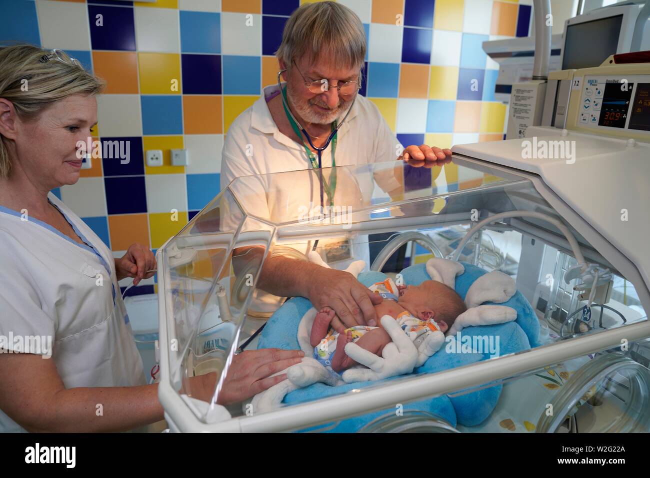 Doctor and nurse examining a newborn in an incubator, intensive care unit for newborns, Karlovy Vary, Czech Republic Stock Photo