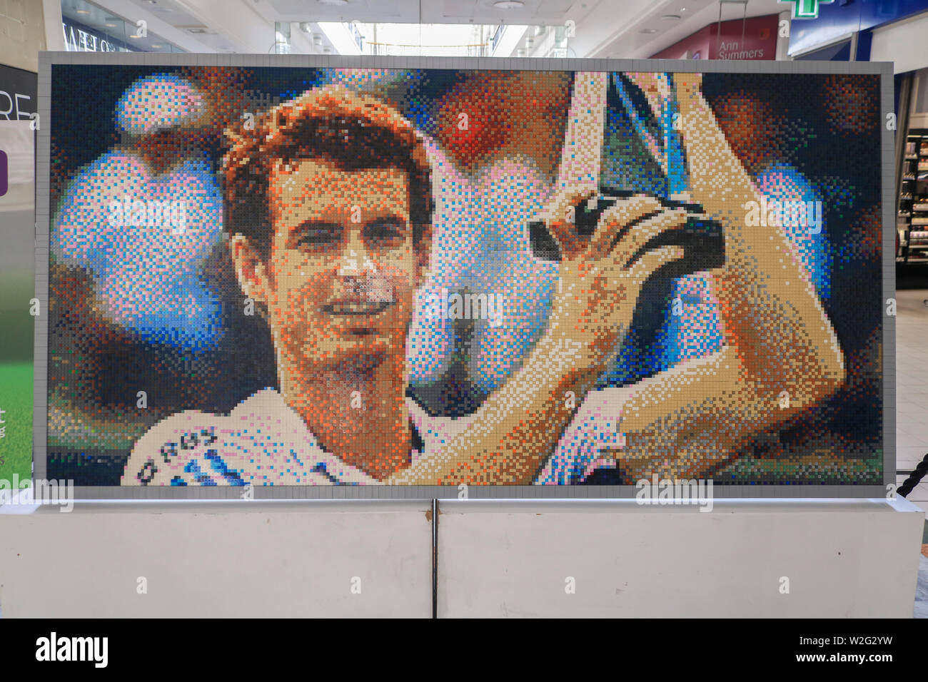 London, UK. 08th July, 2019. A mosaic of British tennis player Andy Murray made of lego pieces is displayed at the Centre Court shopping centre in Wimbledon as part of Legend Lawn. Credit: SOPA Images Limited/Alamy Live News Stock Photo