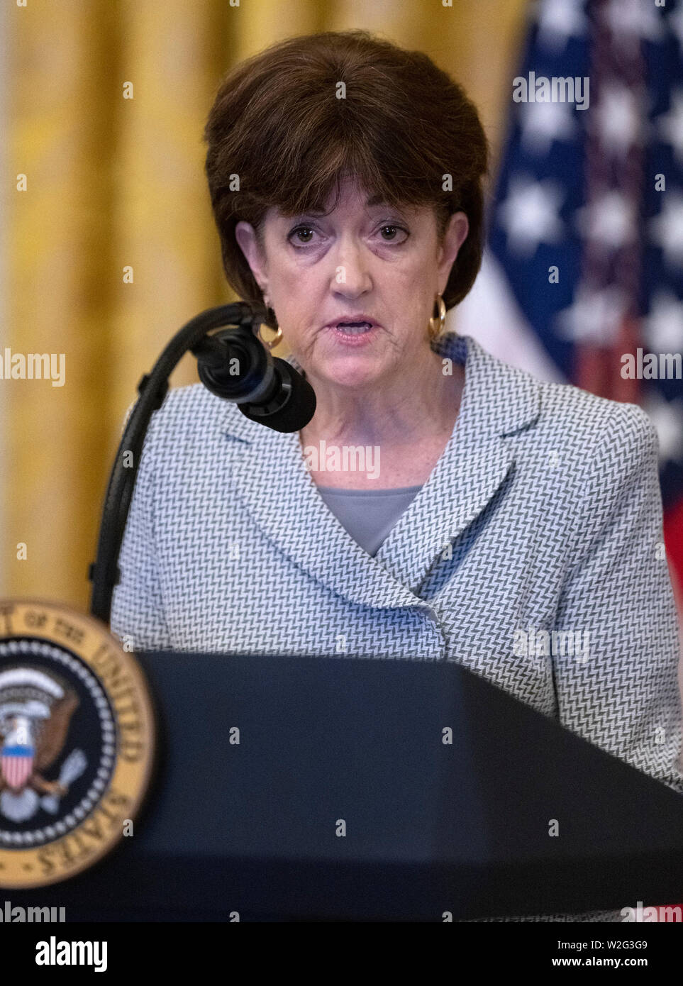 Chair of the Council on Environmental Quality Mary Neumayr, makes remarks on “America's Environmental Leadership” at an event hosted by United States President Donald J. Trump in the East Room of the White House in Washington, DC on Monday, July 8, 2019.Credit: Ron Sachs/CNP /MediaPunch Stock Photo