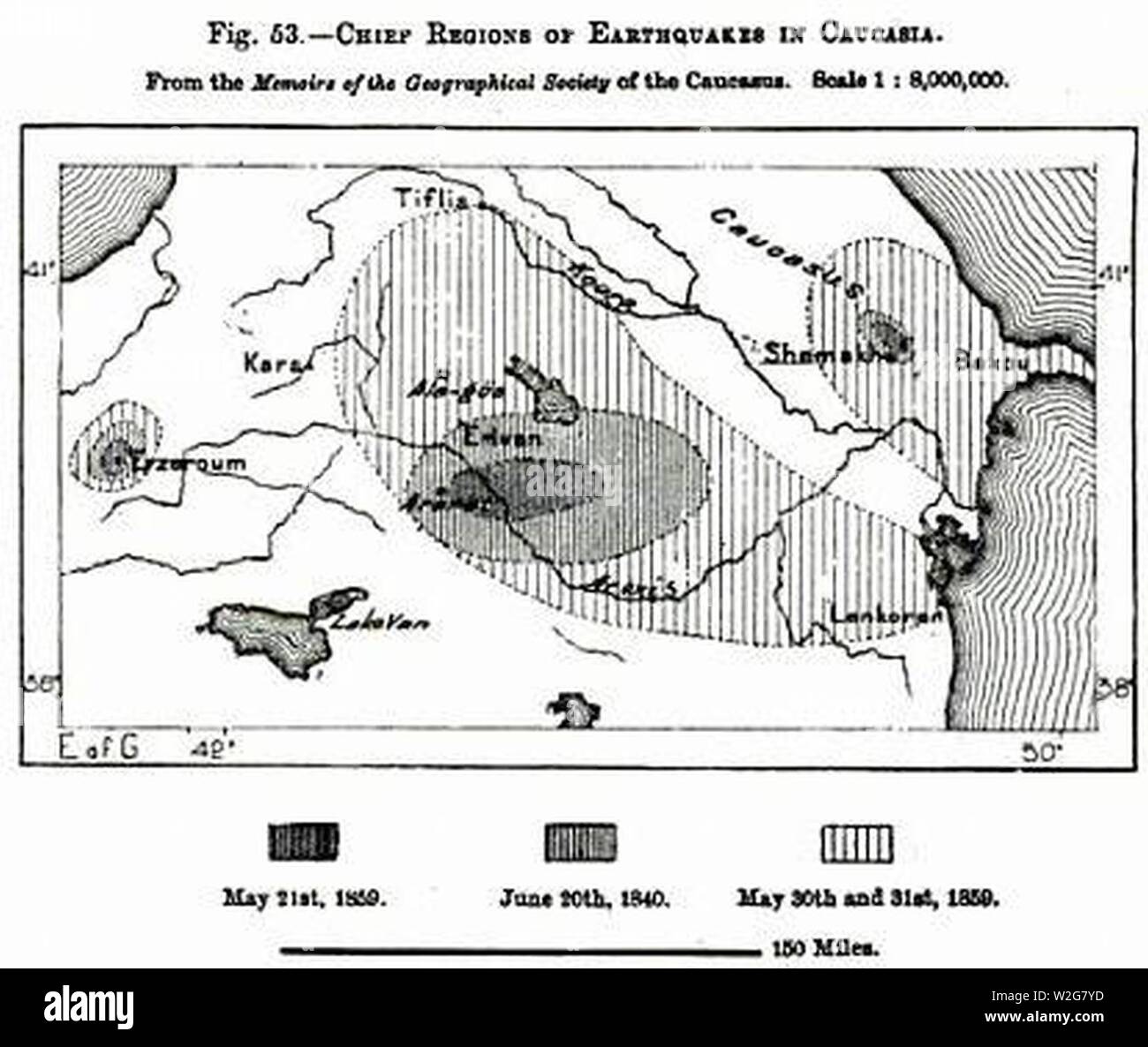 Chief regions of earthquakes in Caucasia (Élisée Reclus). Stock Photo