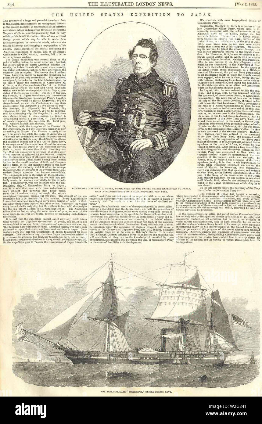 Illustrated London News, May 7, 1853. It reports United States  commodore Matthew C. Perry's expedition to Japan. Location Private Collection Stock Photo