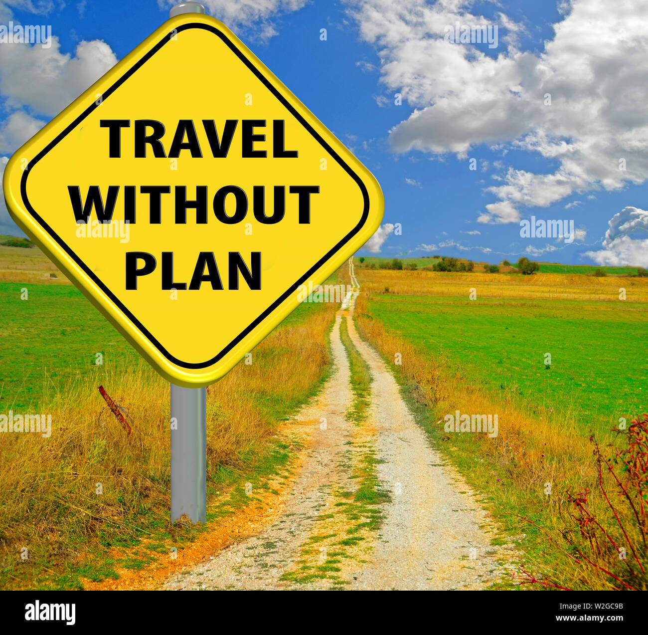 travel without plan no  destination, yellow road sing and long road in nature- 3d rendering Stock Photo