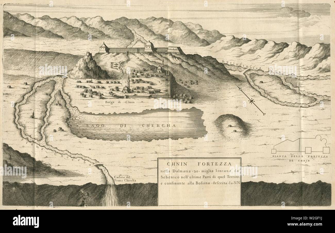 Chnin Fortezza nella Dalmatia 30 miglia lontana da Sebenico nell'ultime Parti di quel Territo E confinante alla Bossina - Coronelli Vincenzo - 1687. Stock Photo