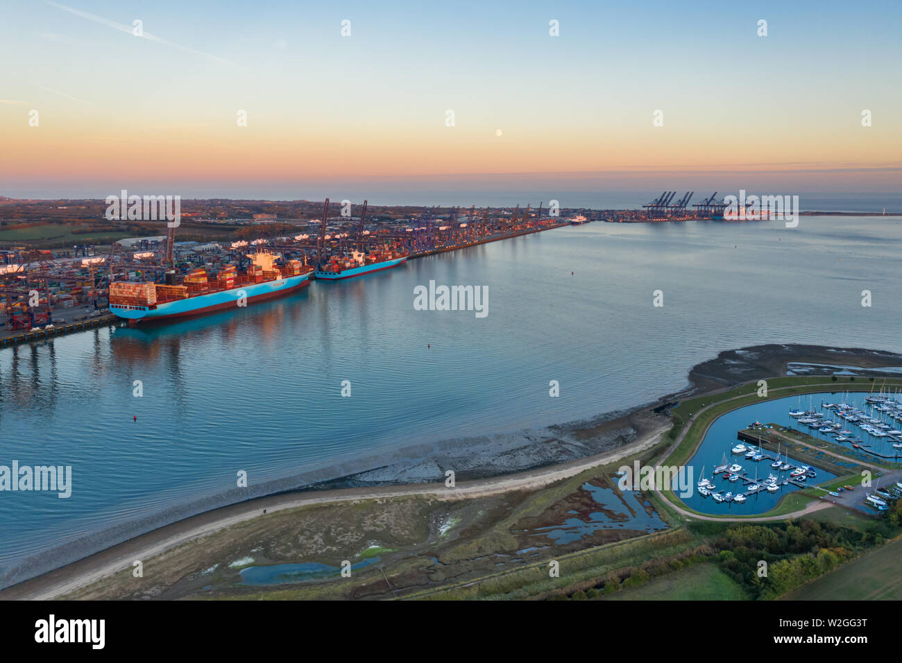 Felixstowe container port from the air above Shotley Gate, Suffolk Stock Photo