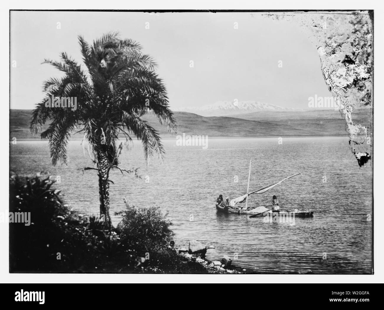 Choice set of thirteen slides, illustrating the Sea of Galilee and its fishermen still 'toiling with their nets.' Sea of Galilee and Mt. Hermon, Mt. of Transfiguration Stock Photo