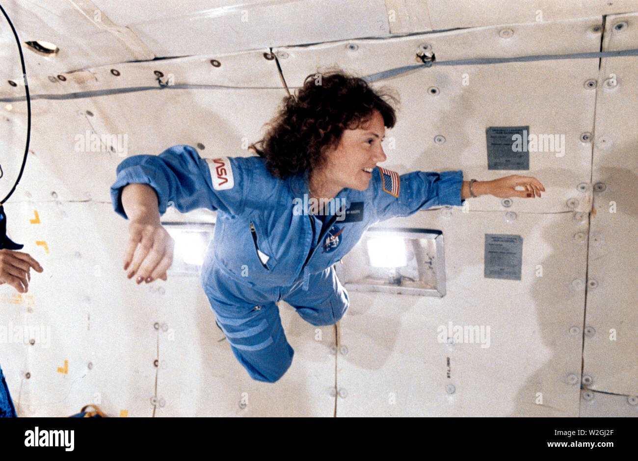 1986 - Teacher in Space Christa McAuliffe on the KC-135 for zero-G training Stock Photo