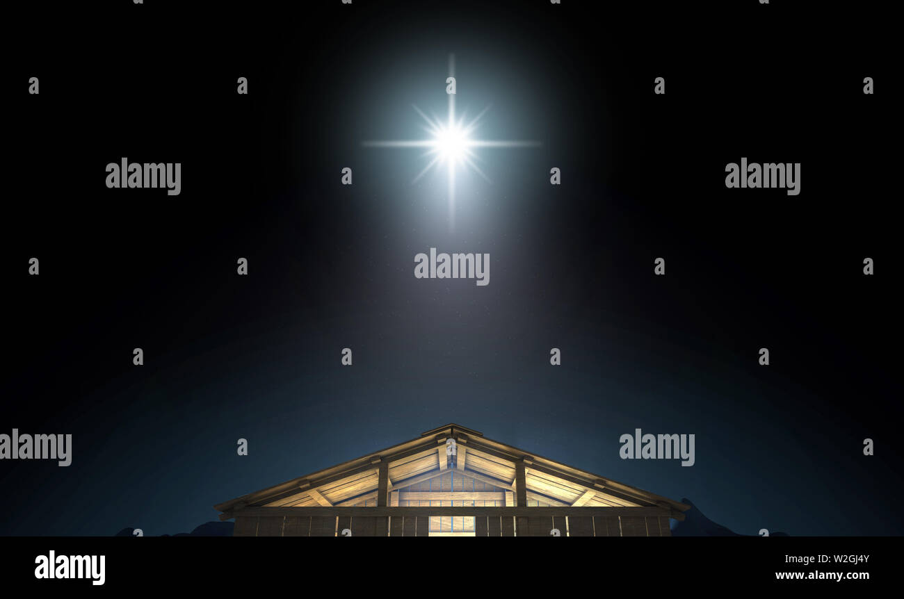 A depiction of the nativity scene of christs birth in bethlehem with the isolated stable being lit by a bright star - 3D render Stock Photo