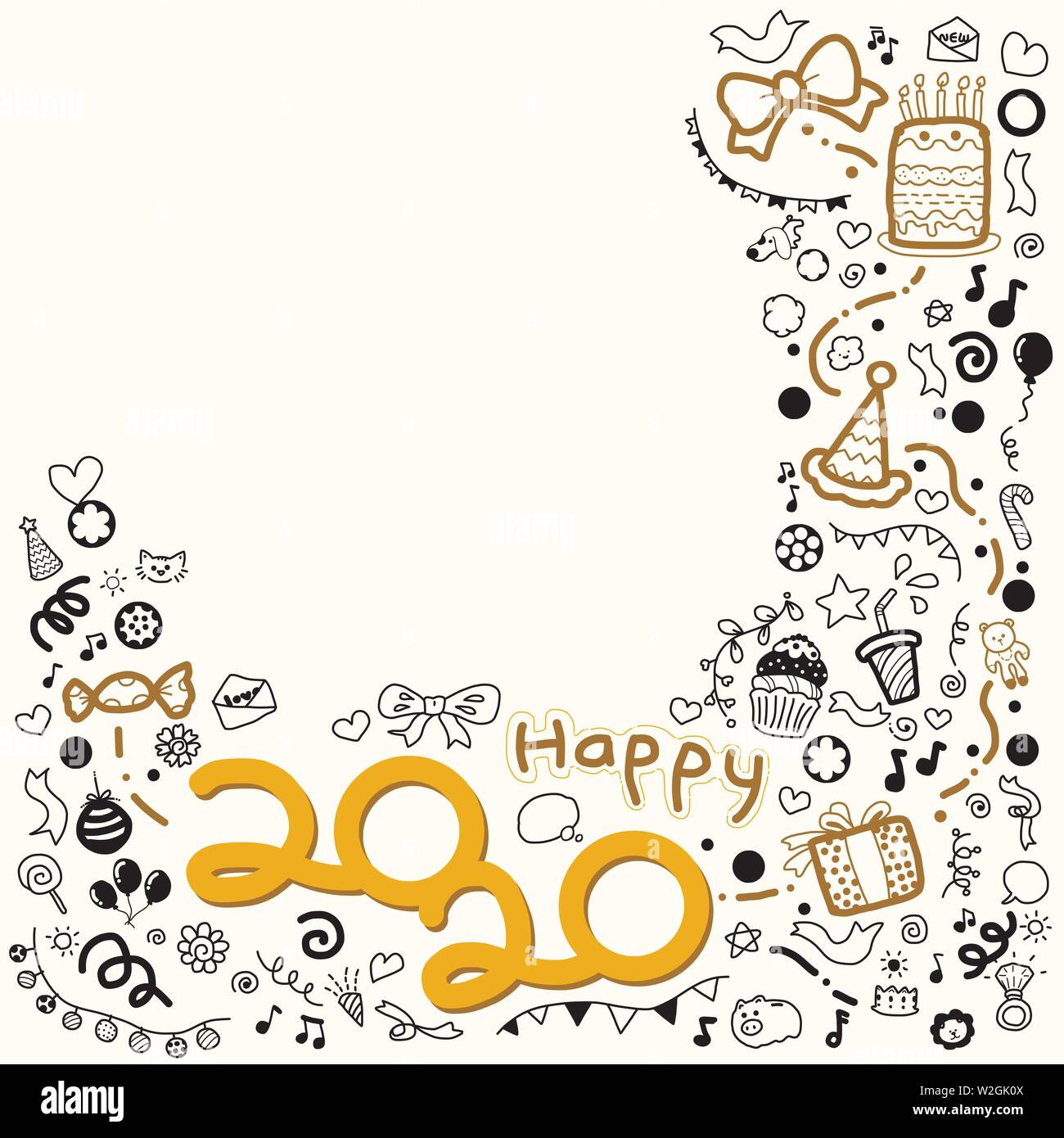New year party hand drawn doodle with handwritten lettering. Vector Illustration with happy 2020 words for template paper, card and print. Stock Vector