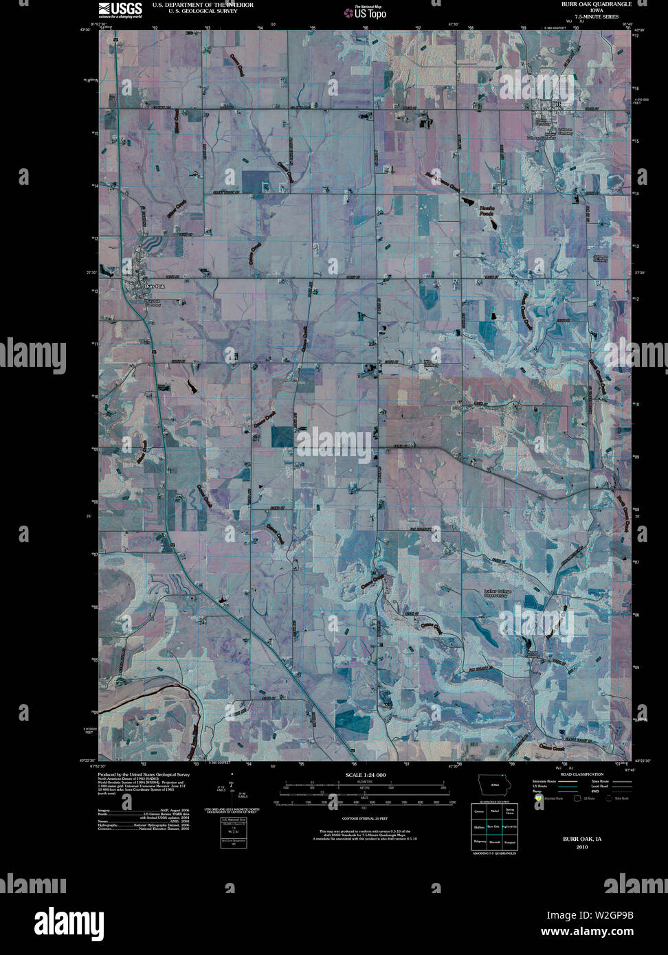 USGS TOPO Map Iowa IA Burr Oak 20100428 TM Inverted Restoration Stock Photo