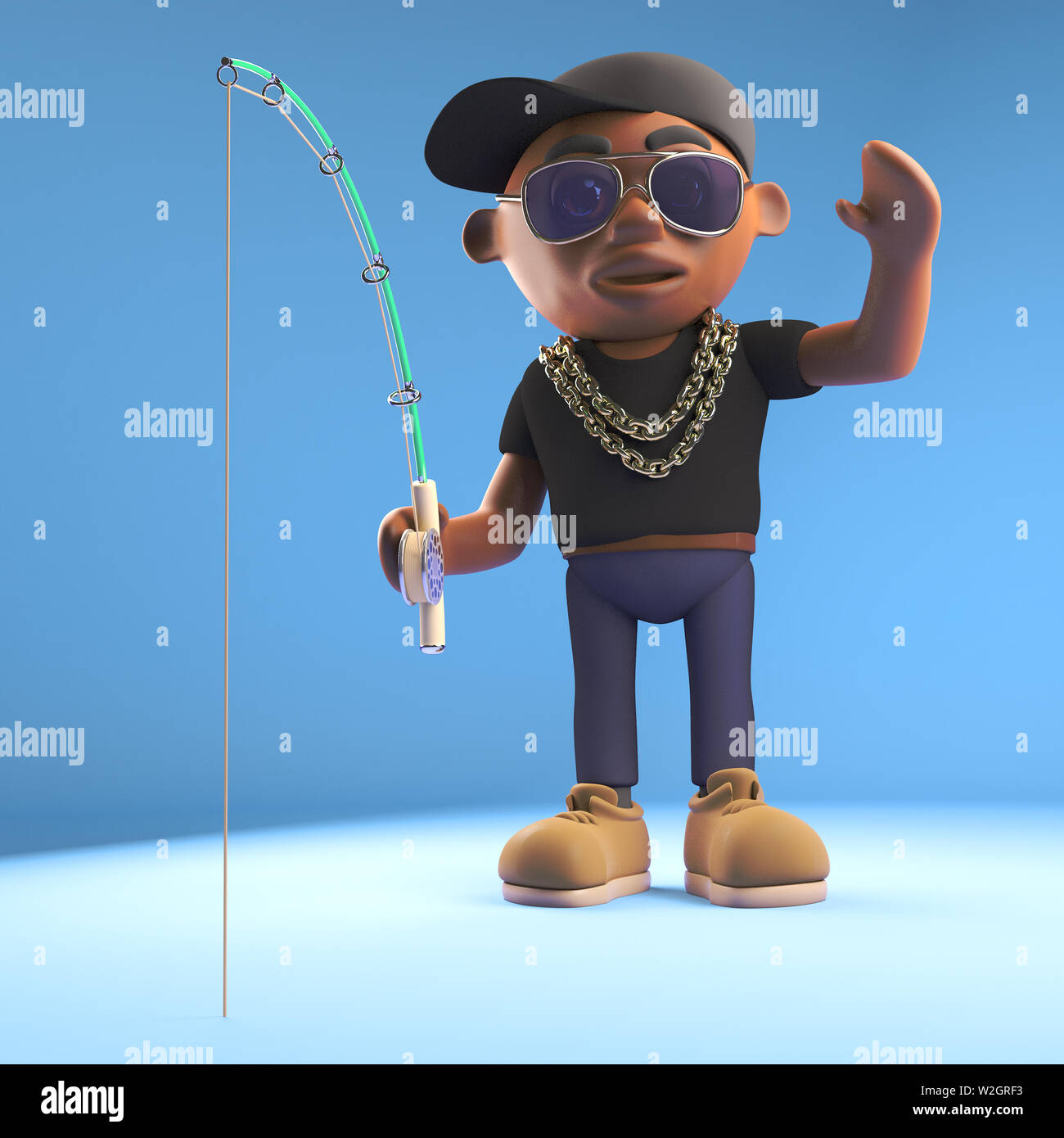 Cool black hiphop rapper relaxes by fishing, 3d illustration render ...