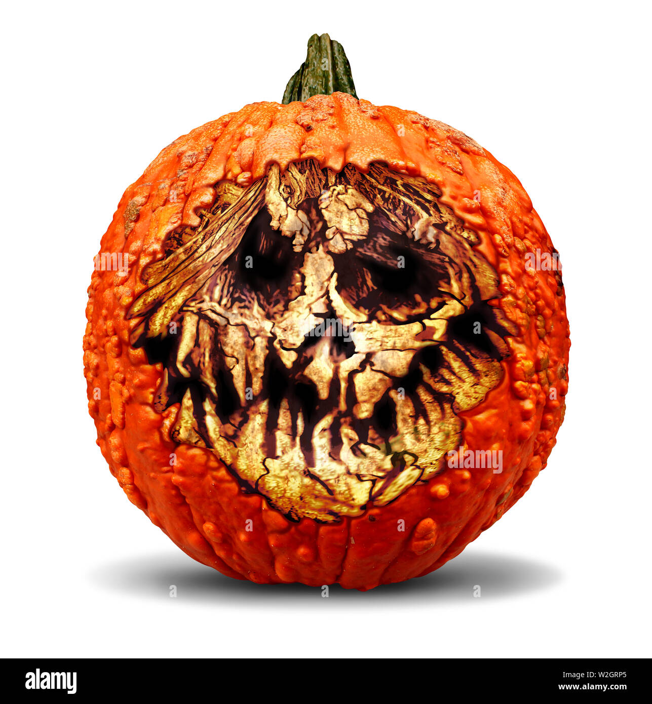 Creepy Halloween jack o lantern pumpkin with a carved evil scary expression  of death and horror in a 3D illustration style Stock Photo - Alamy