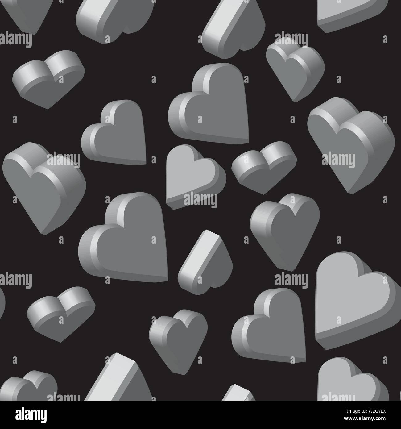 Gray Color Hearts Seamless Pattern, 3D Illustration Stock Vector