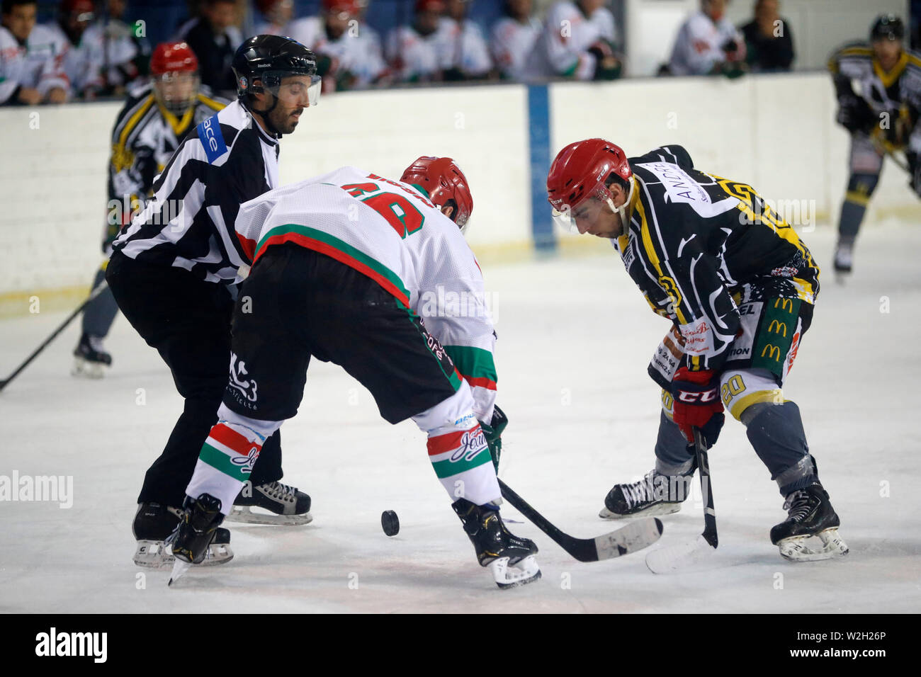 Ice Hockey match. Face off. Players in action. HC Mont-Blanc