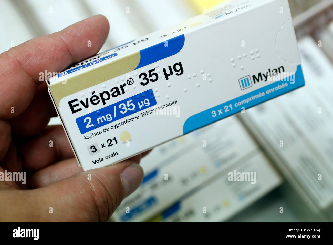 Pharmacy. Birth control pills.  France. Stock Photo