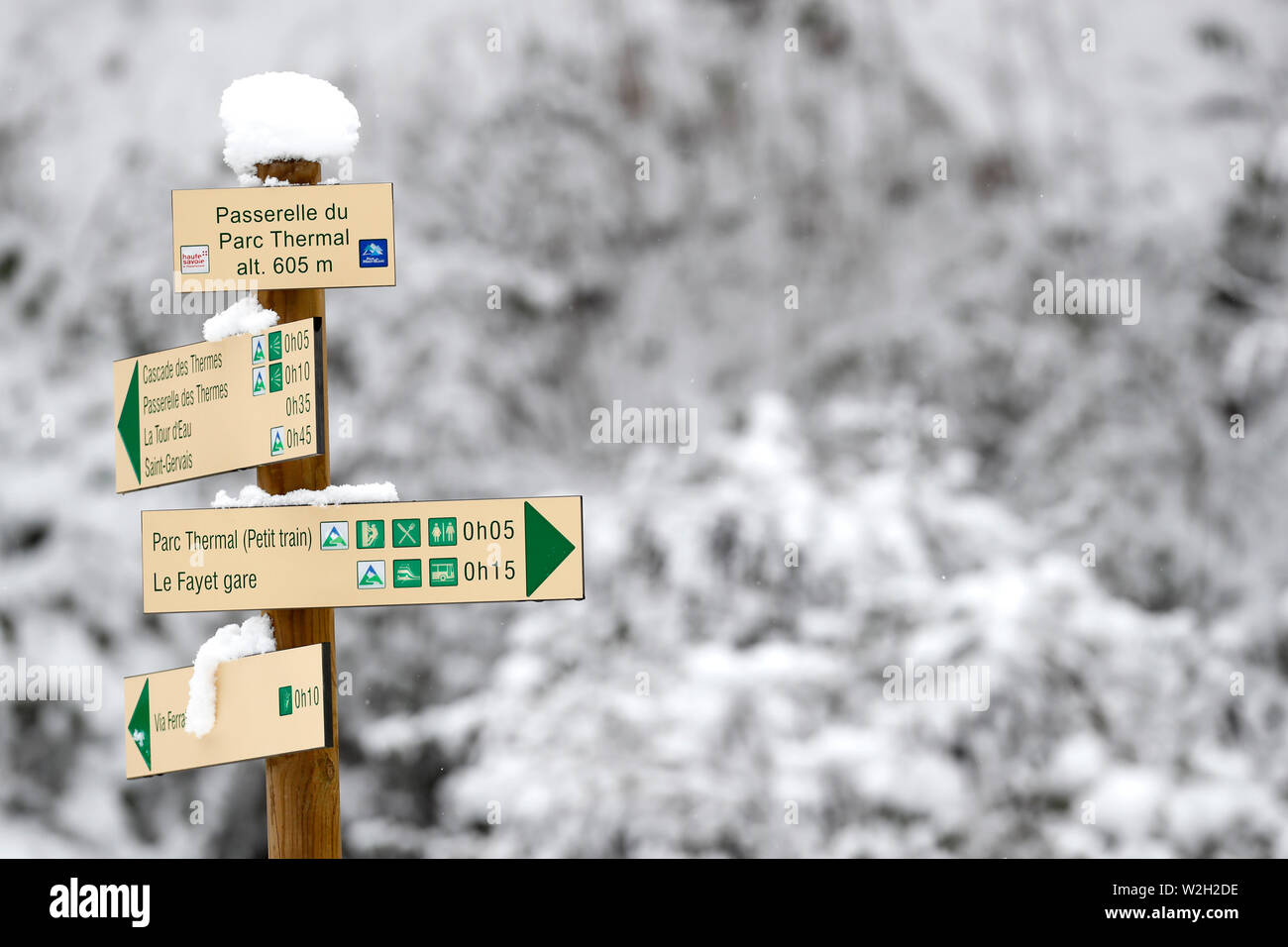 French alps. Hiking trail signs. France. Stock Photo