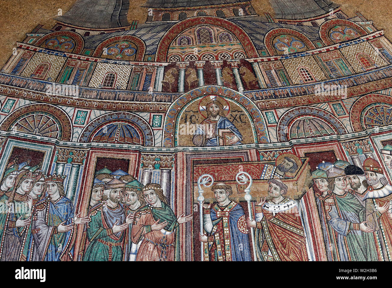 Basilica San Marco.  Mosaic of the reception of St. MarkÕs body into San Marco, 13th century.  Mosaic.  Venice. Italy. Stock Photo