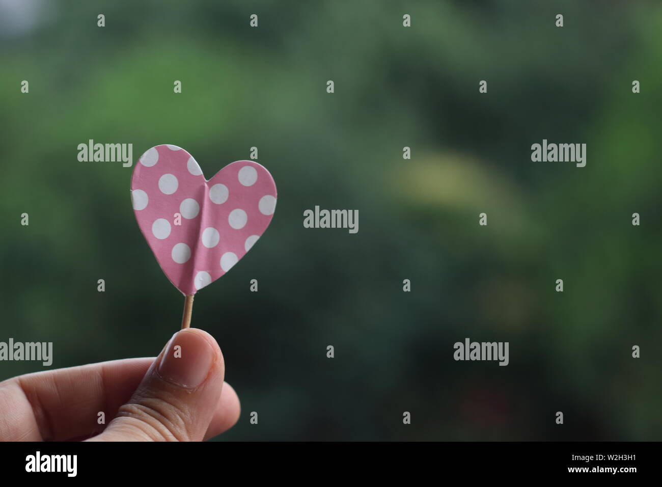 Hand holding pink polka dot paper heart Stock Photo