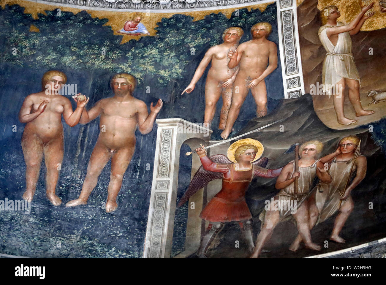 The Padua Baptistery. Ceilling frescoes  14th century by Giusto de Menabuoi.  The Genesis. Adam and Eve, the expulsion from paradise.  Padua. Italy. Stock Photo