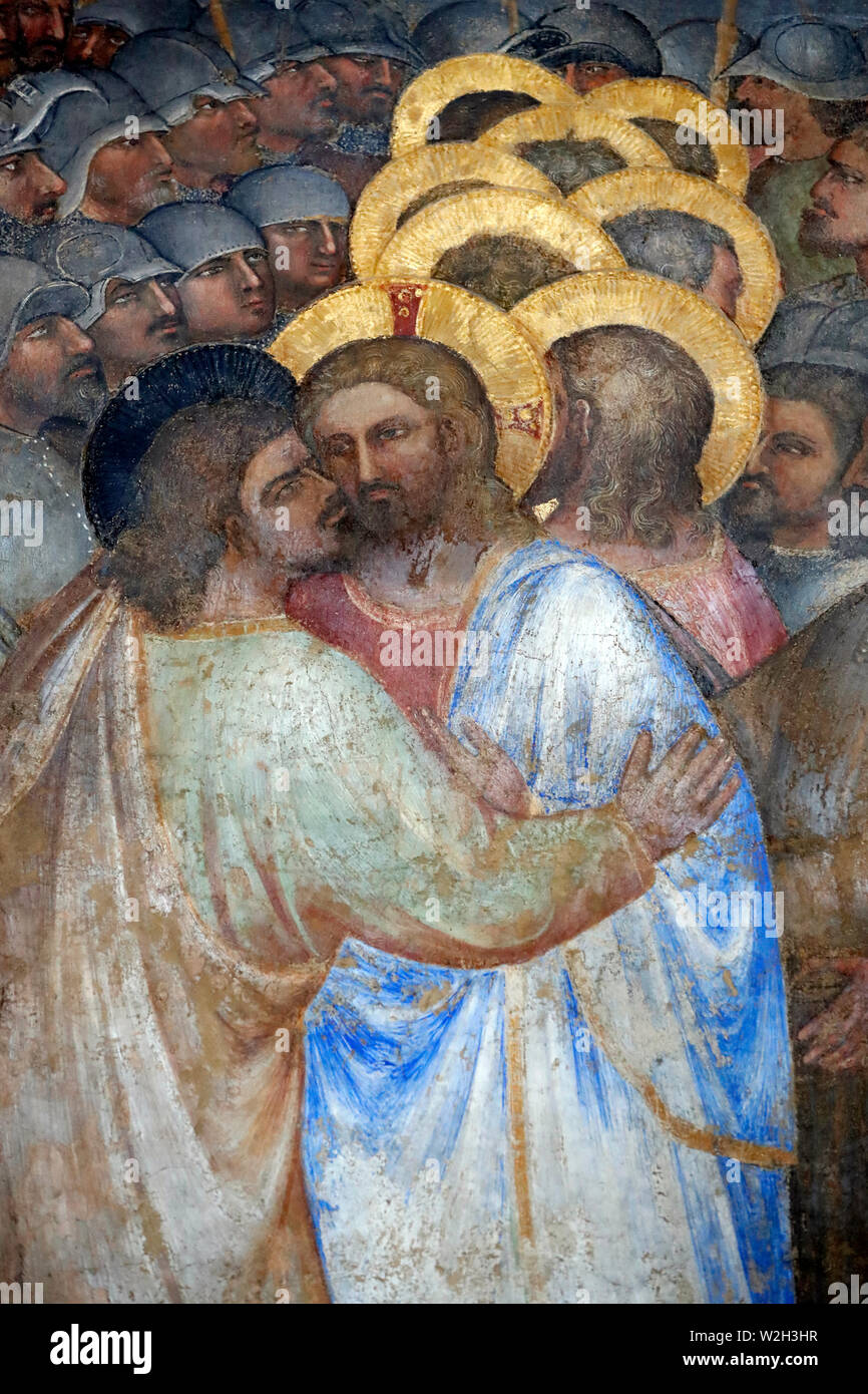 The Padua Baptistery. Ceilling frescoes  14th century by Giusto de Menabuoi.  The kiss of Judas.  Padua. Italy. Stock Photo