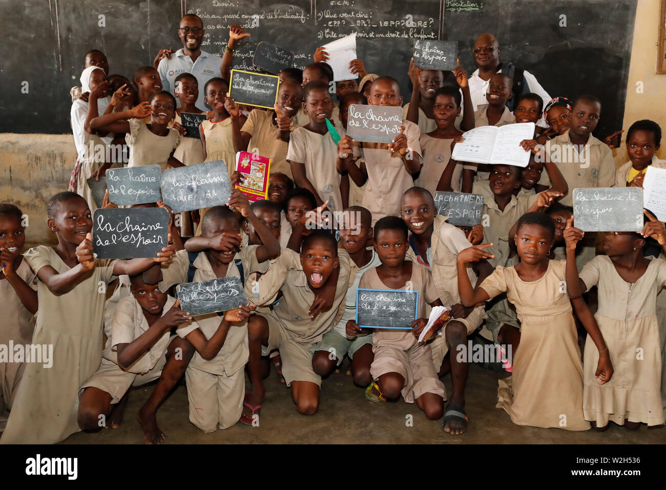 African primary school. Children sponsored by french NGO : la Chaine de l'Espoir. ( Chain of Hope ).  Lome. Togo. Stock Photo