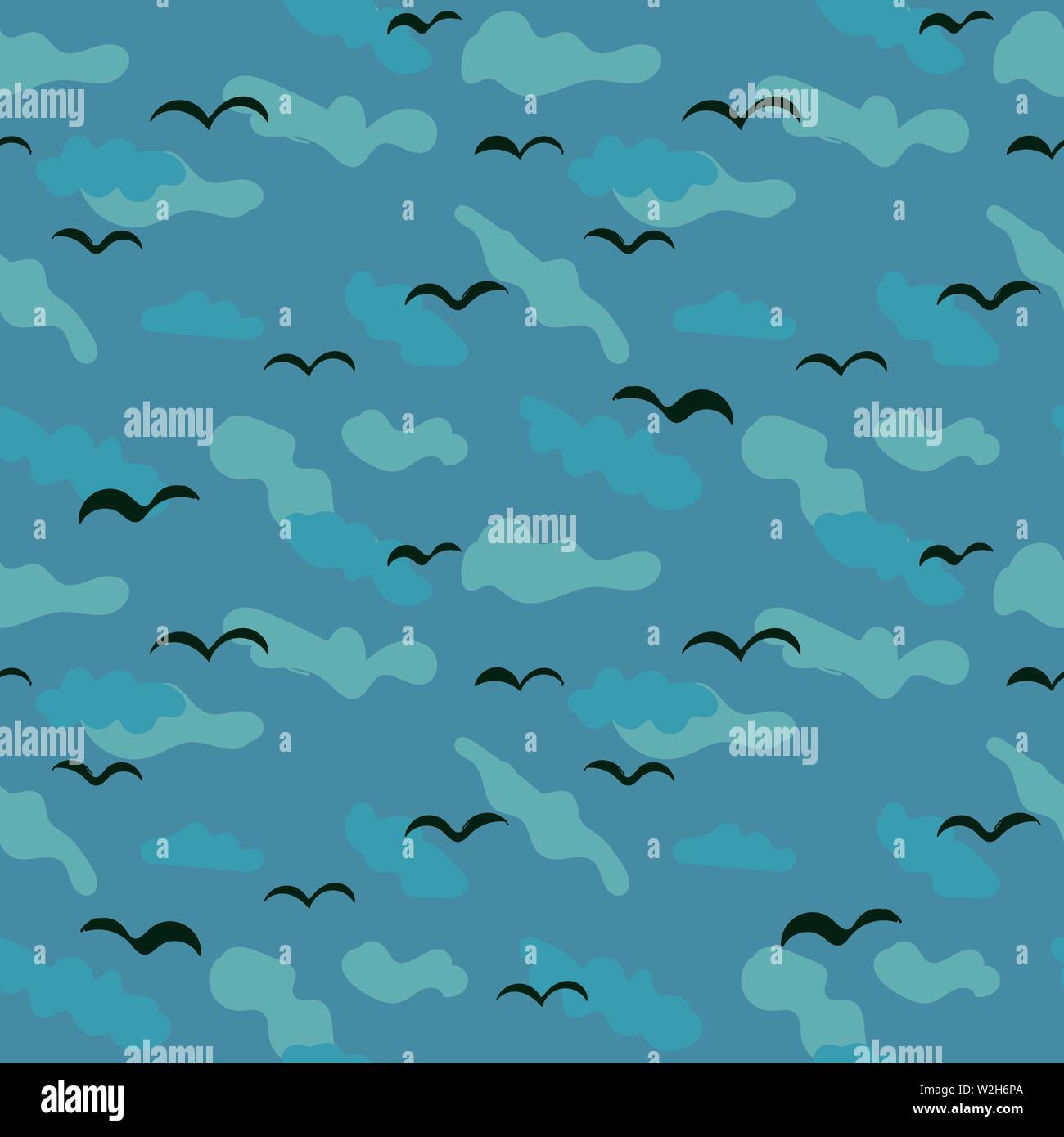 seamless vector pattern with black birds on blue cloudy background Stock Vector