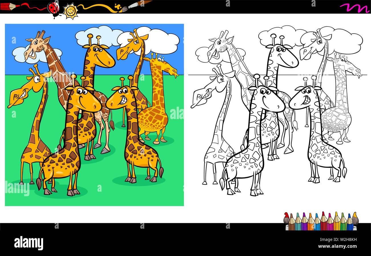 Cartoon Illustration of Giraffes Animal Characters Group Coloring Book Worksheet Stock Vector